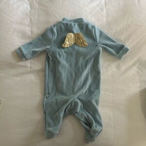 Marie Chantal Sky Blue Footie with Gold Angel Wings